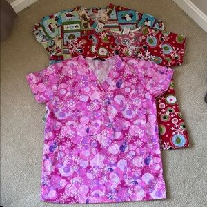 Lot of 3 Holiday Scrub Tops
